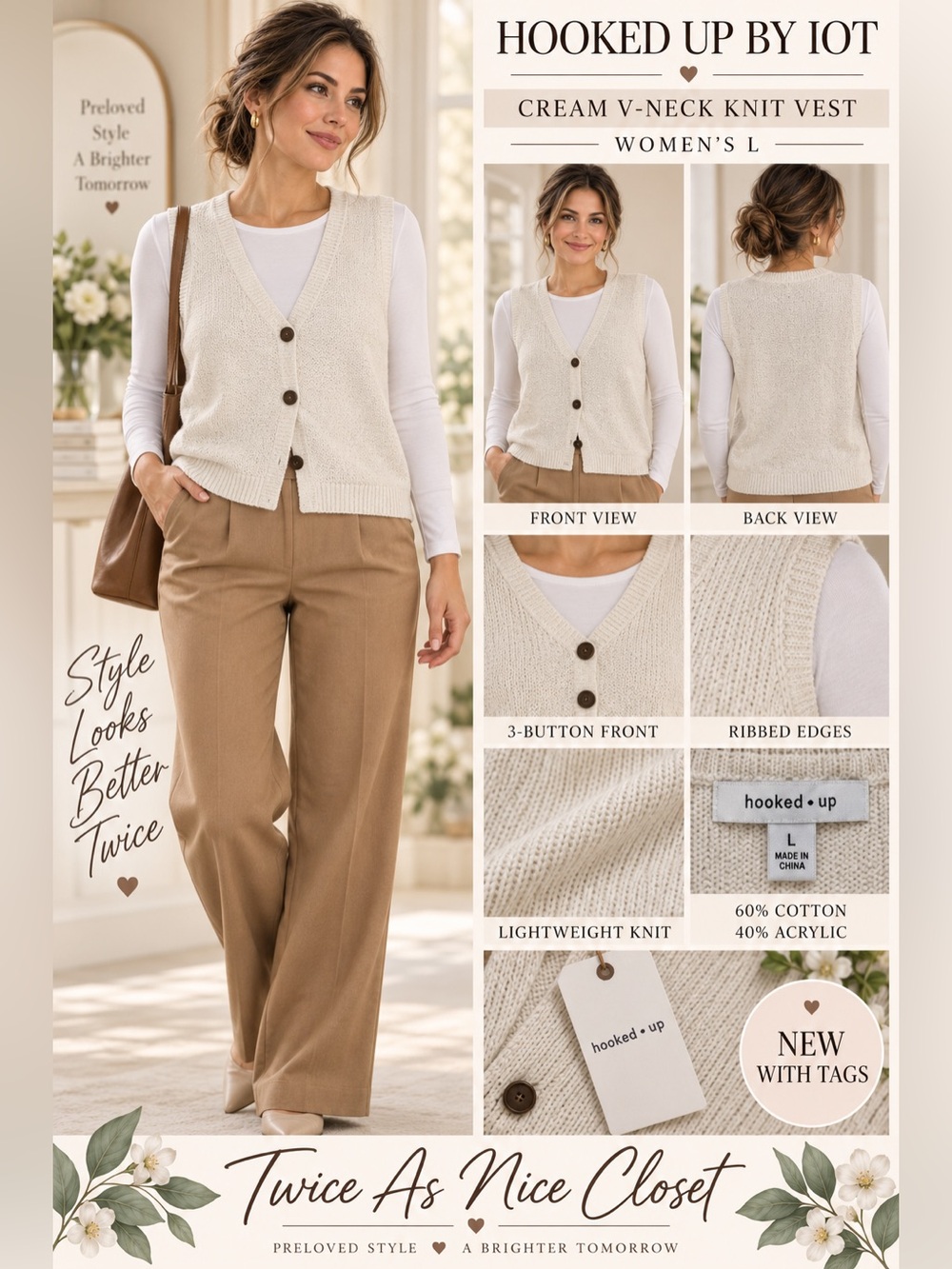 Hooked Up by IOT Cream V-Neck Button Knit Vest NEW L